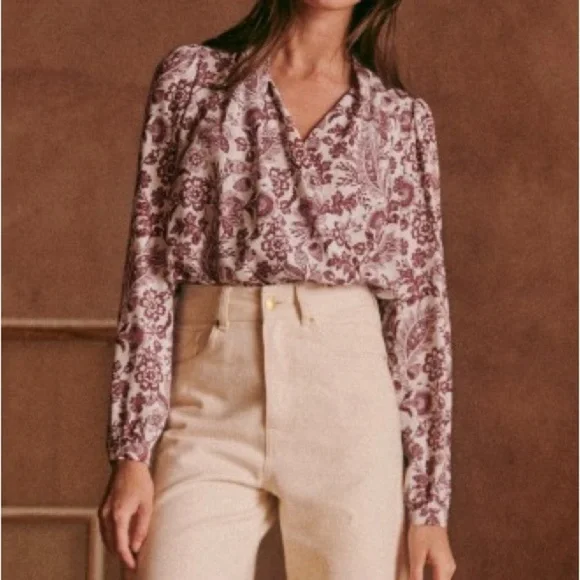 Sezane Abelia Blouse Ghalia Ecru Purple Wrap Top Size 32 French US 0 Long Sleeve - Picture 5 of 14